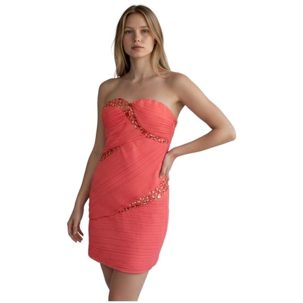 Coral Strapless Beaded Ruched Mini Dress Size M Sequin Trim Party Cocktail